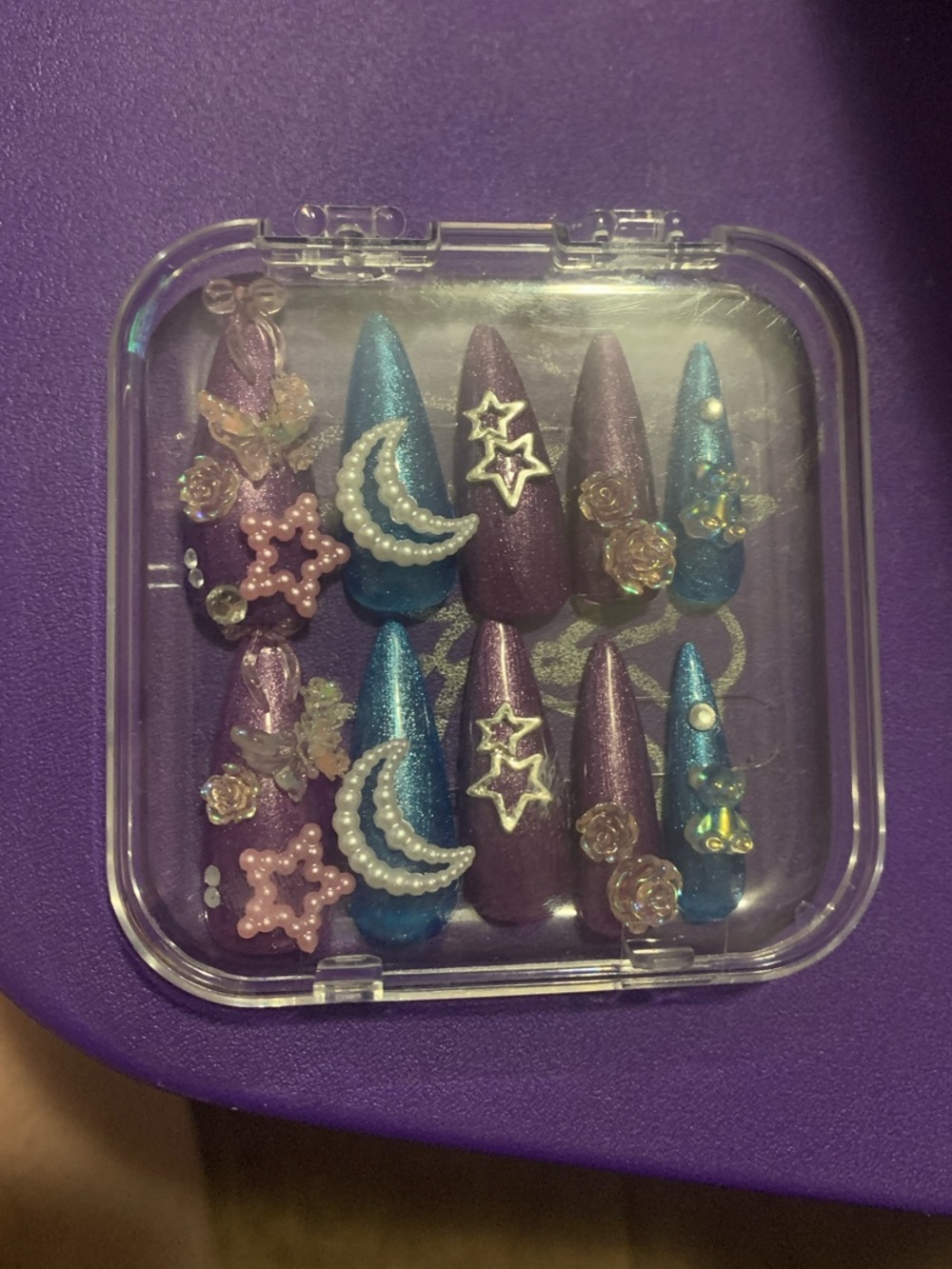 Sparkle Moon & Star Press-On Nails - Purple and Blue